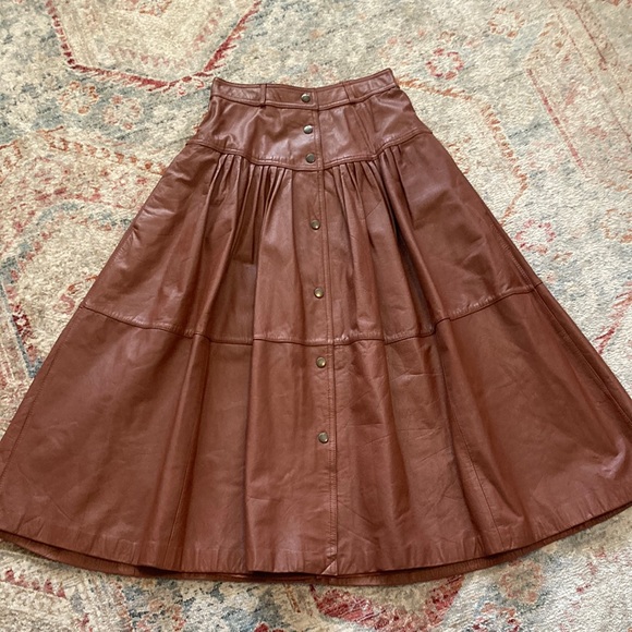 Vintage Dresses & Skirts - Vintage leather button down a line pleated western boho camel midi skirt